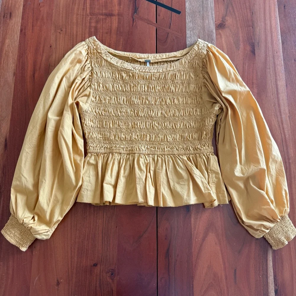 Free People Mustard Smocked Peplum Puff Sleeve Top